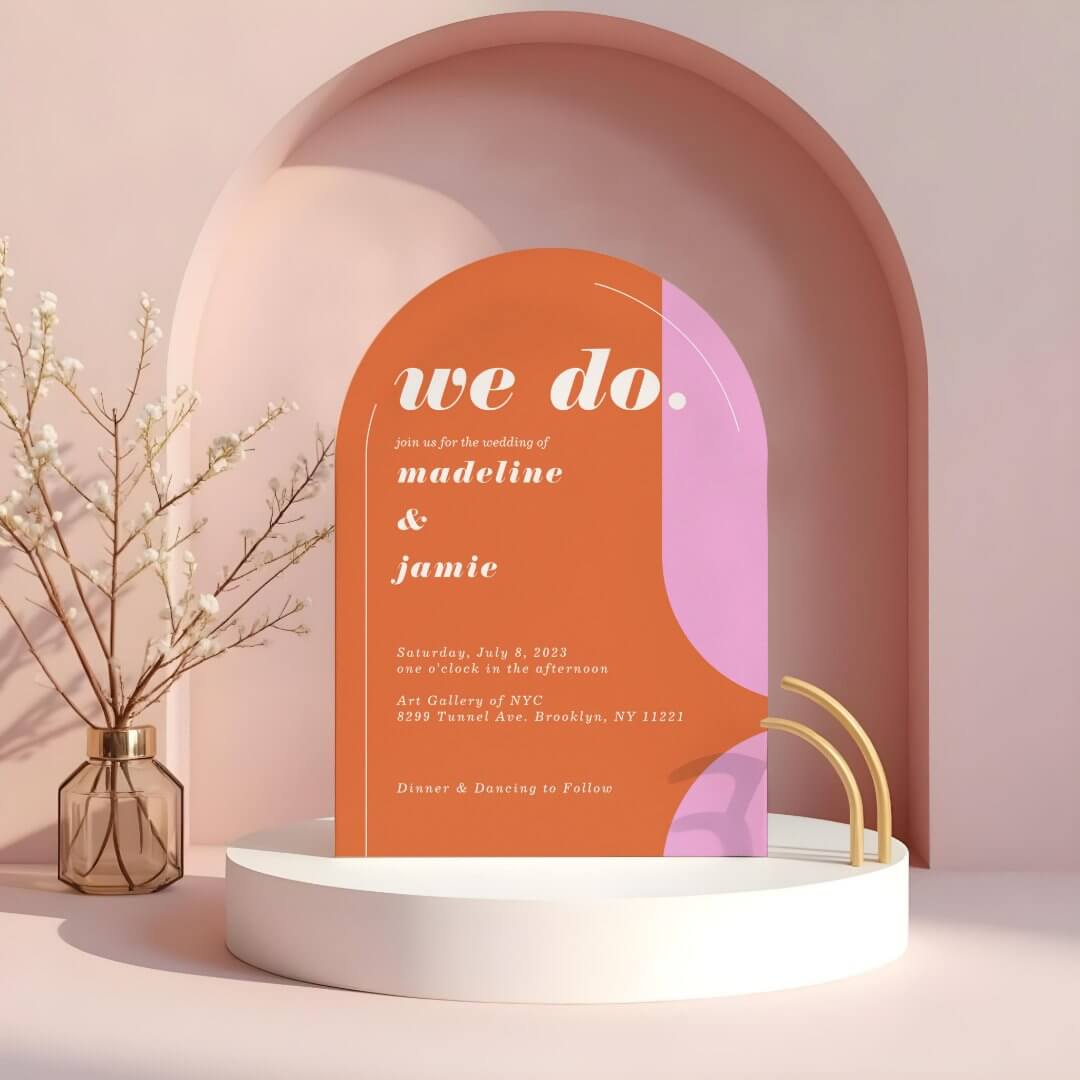 We Do Modern Bold Pink & Orange Retro Abstract Invitation