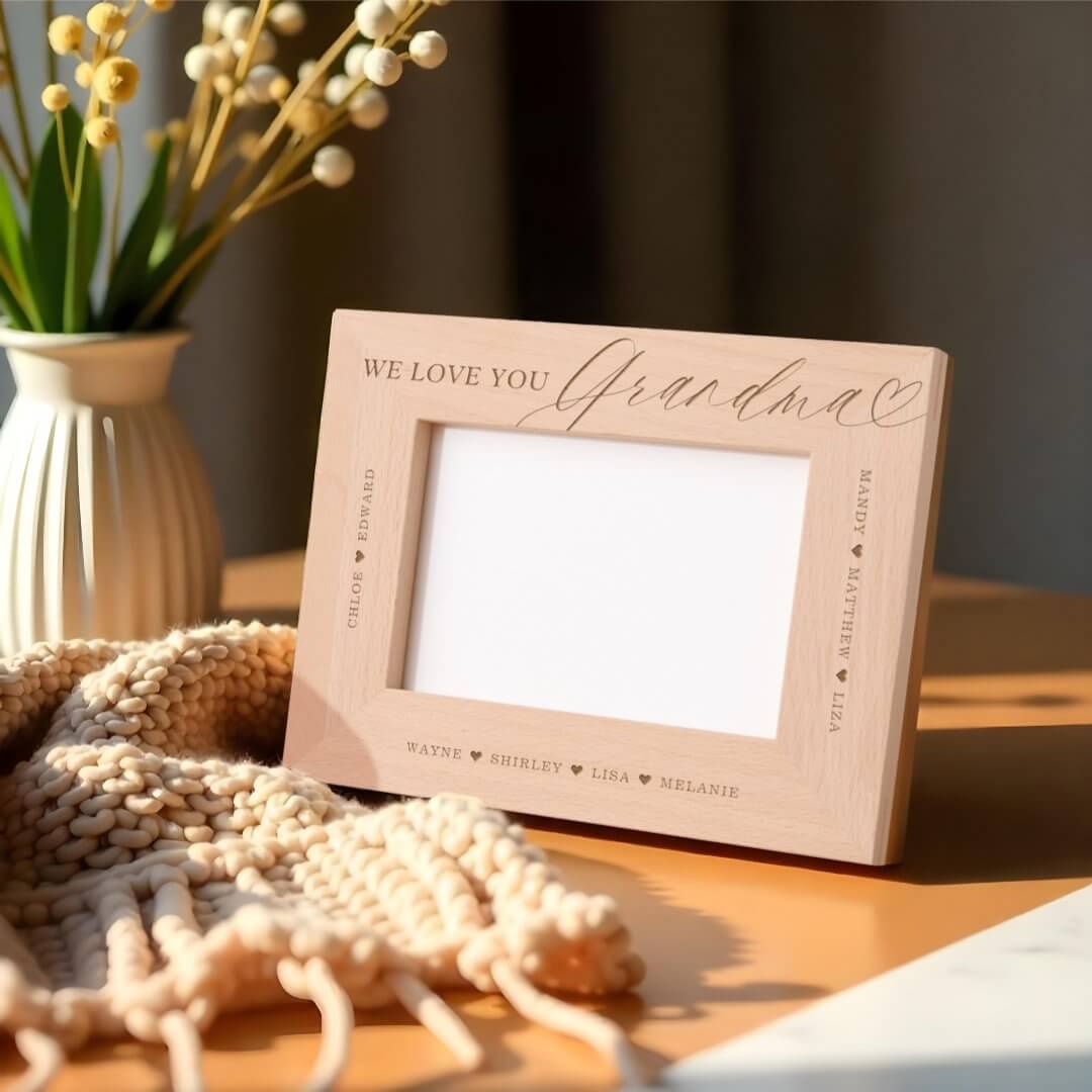 We Love You Grandma Script Heart Grandkid Names Etched Frames