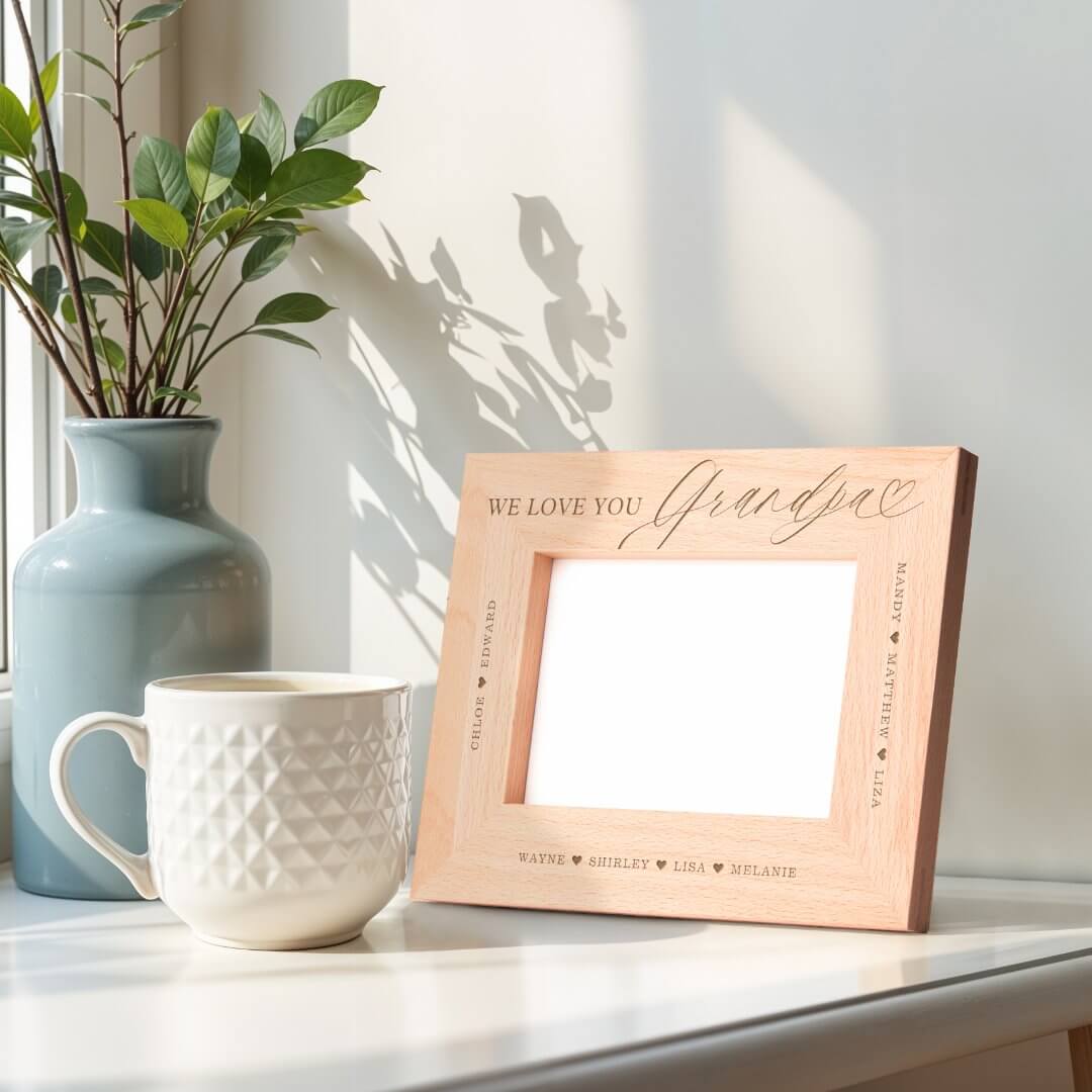 We Love You Grandpa Script Heart Grandkid Names Etched Frames