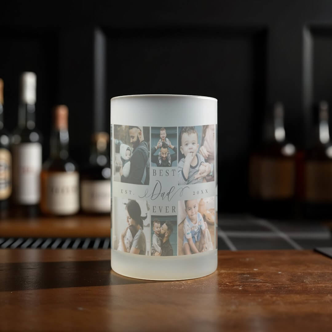 Best Dad Ever Script Father's Day Photo Collage Frosted Glass Beer Mug