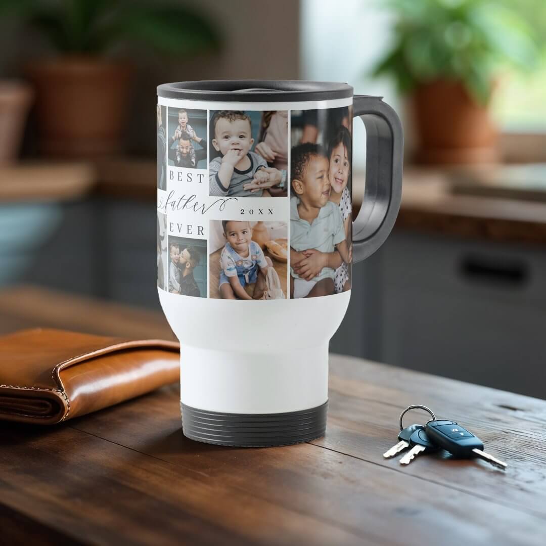 Best Father Ever Script Father's Day Photo Collage White Travel Mug