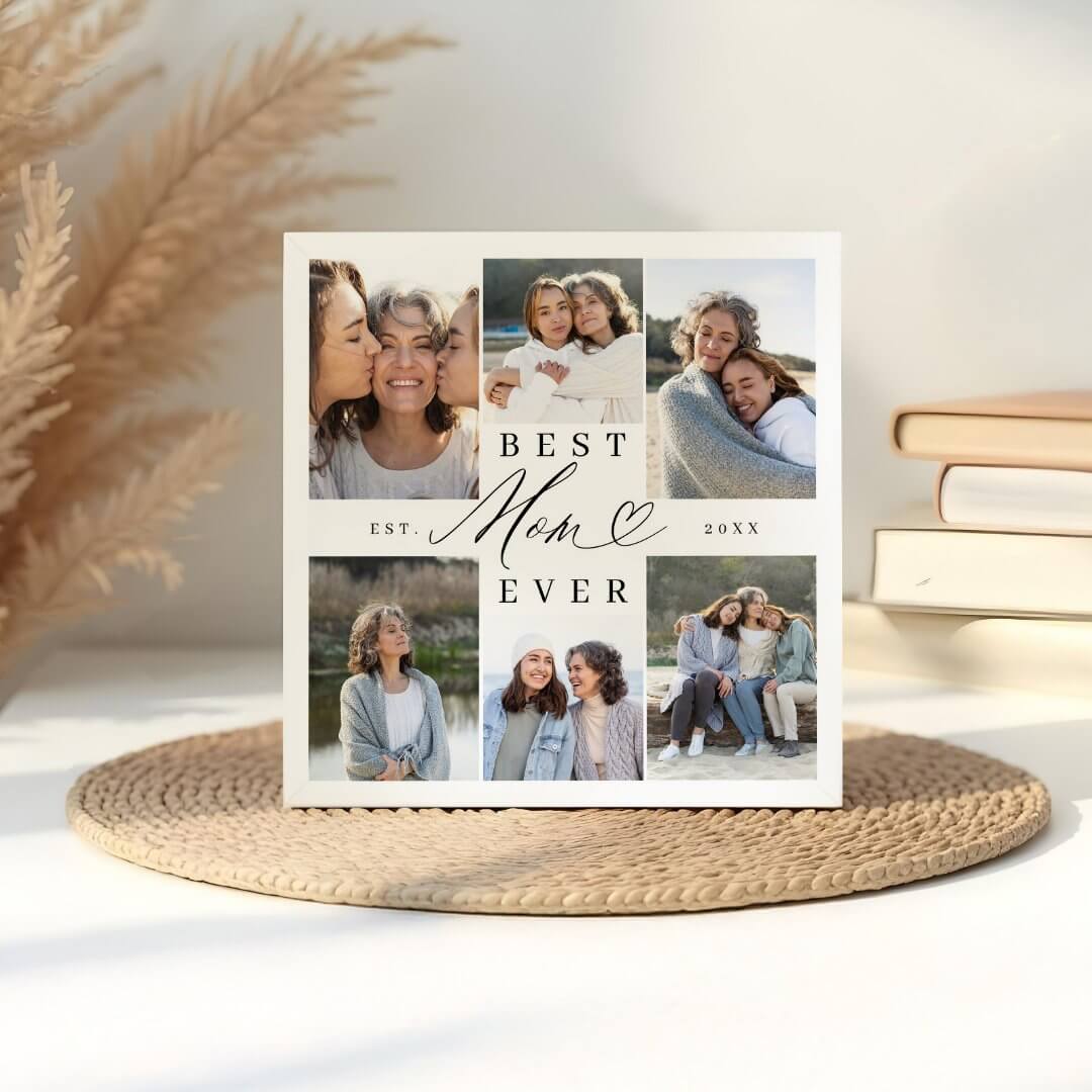 Best Mom Ever Elegant Script Heart Photo Collage Plaque