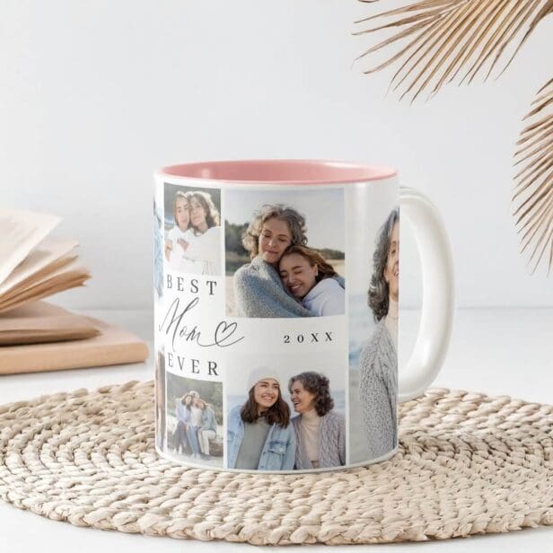 Best Mom Ever Mom Script Heart Photo Collage Two-Tone Coffee Mug