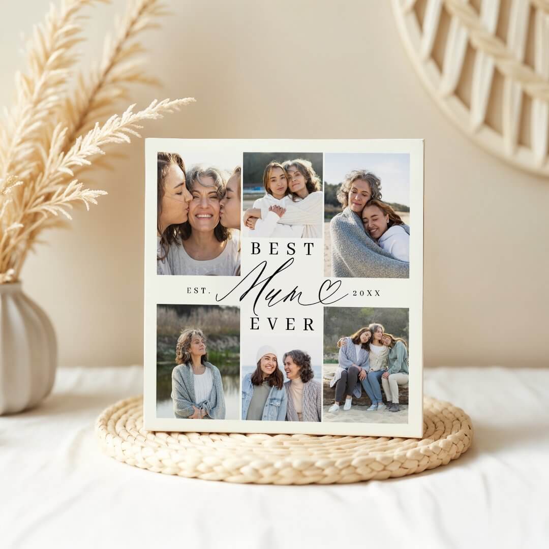 Best Mum Ever Elegant Script Heart Photo Collage Plaque