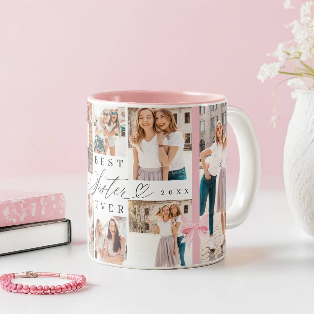 Best Sister Ever Sister Script Bow Photo Collage Two-Tone Coffee Mug
