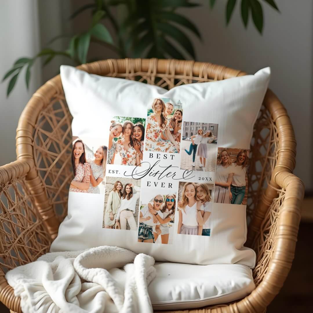 Best Sister Ever Sister Script Heart Photo Collage Throw Pillow