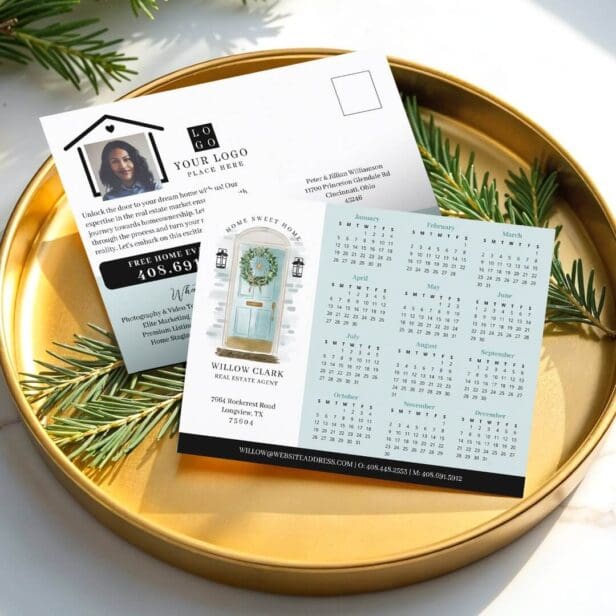 Blue Watercolor Door Real Estate Calendar 2025 Postcard