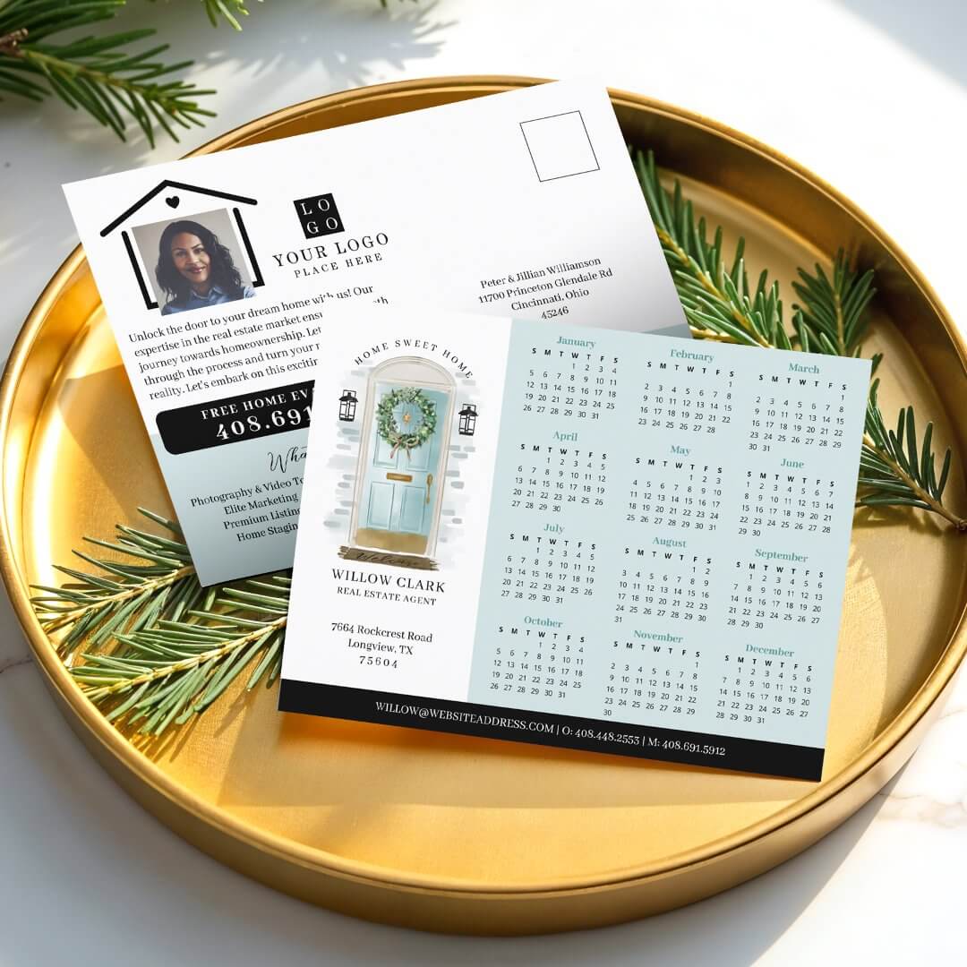 Blue Watercolor Door Real Estate Calendar 2025 Postcard