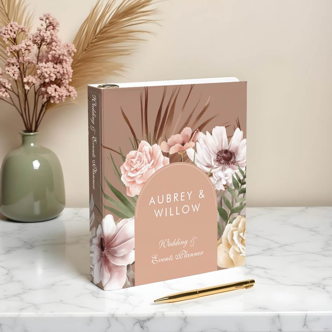 Chic Bohemian Watercolor Florals Photo Wedding 3 Ring Blush Pink Binder