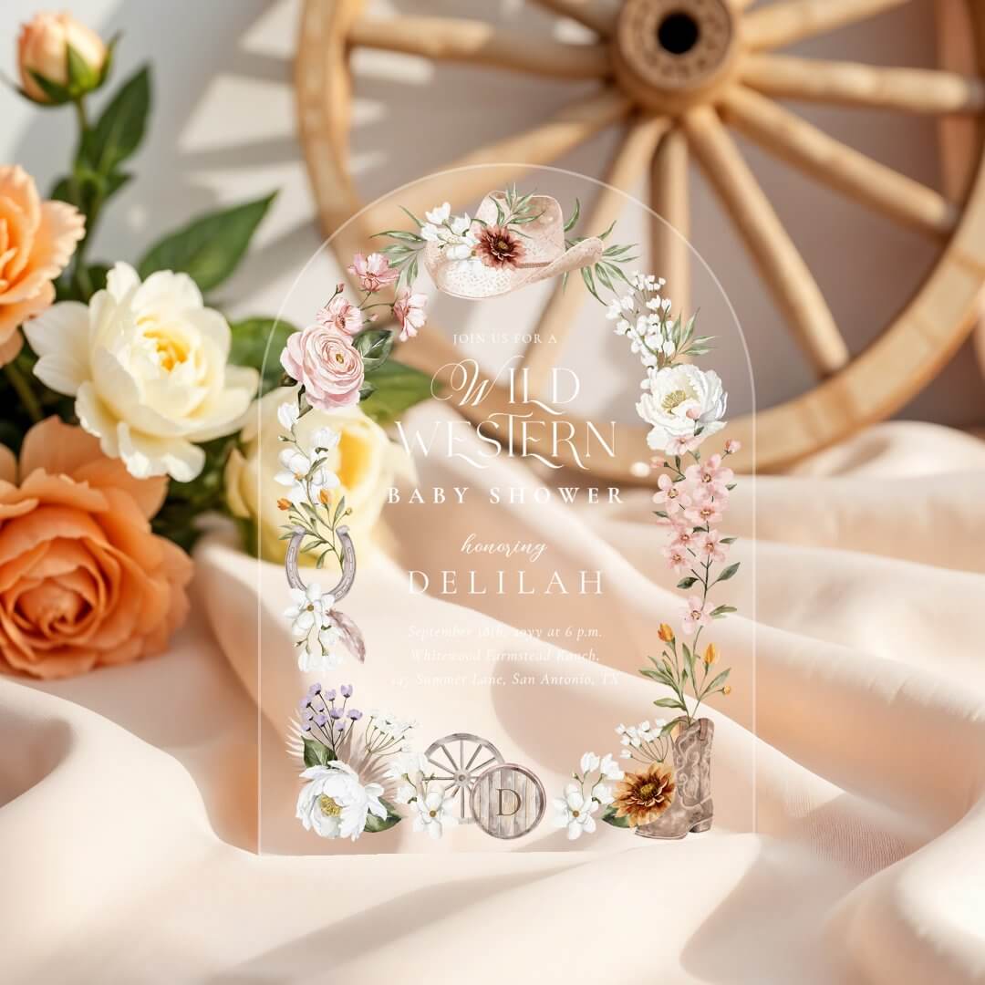 Chic Western Watercolor Floral Cowboy Baby Shower Acrylic Invitations