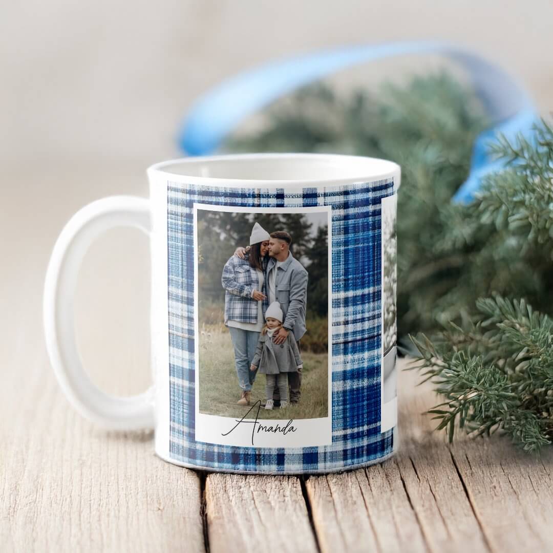 Cozy Blue and Navy Plaid Flannel Family Photo Coffee Mug
