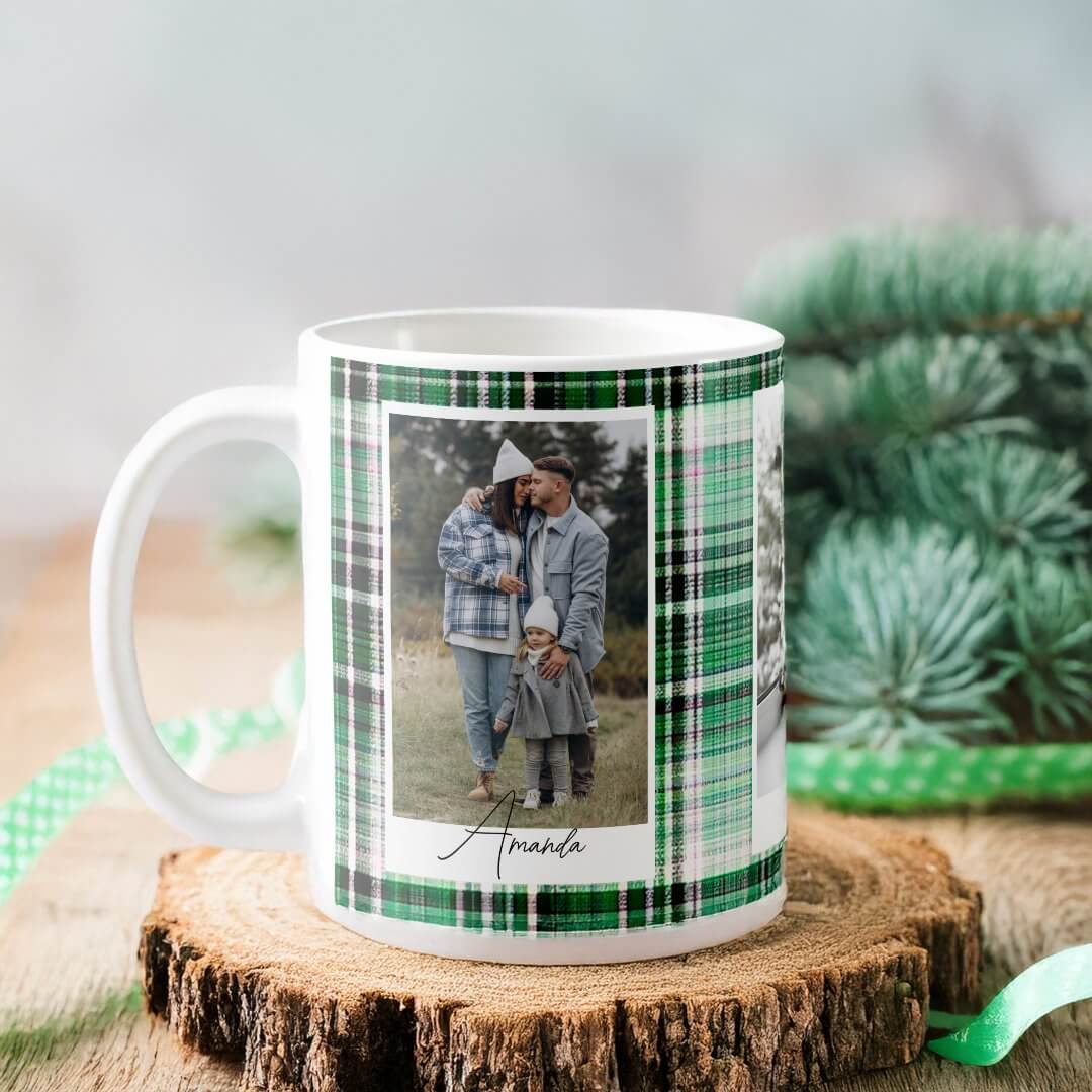 Cozy Dark Green & Mint Plaid Flannel Family Photo Coffee Mug