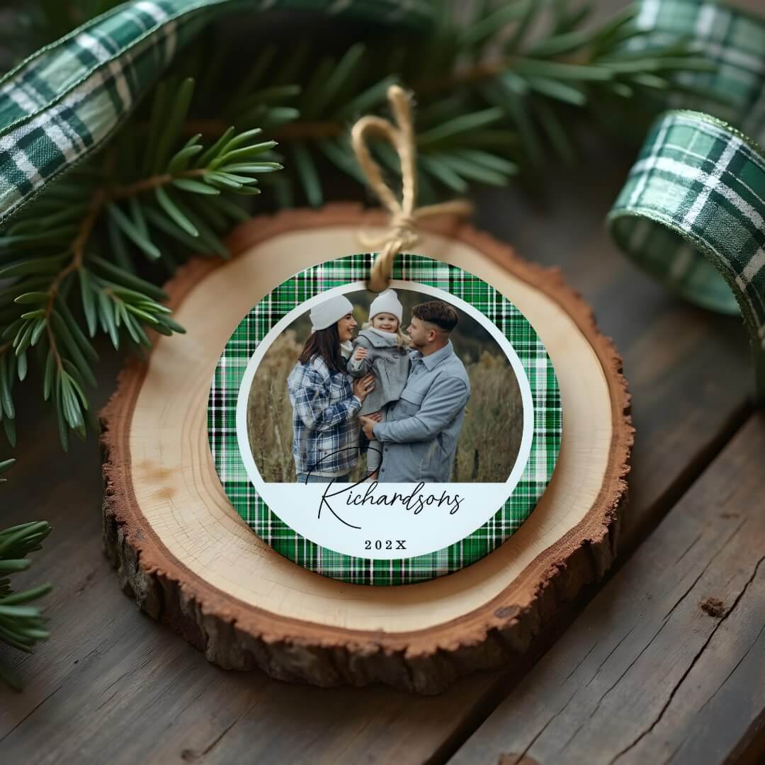 Cozy Green and Mint Plaid fabric Family Photo Ceramic Ornament