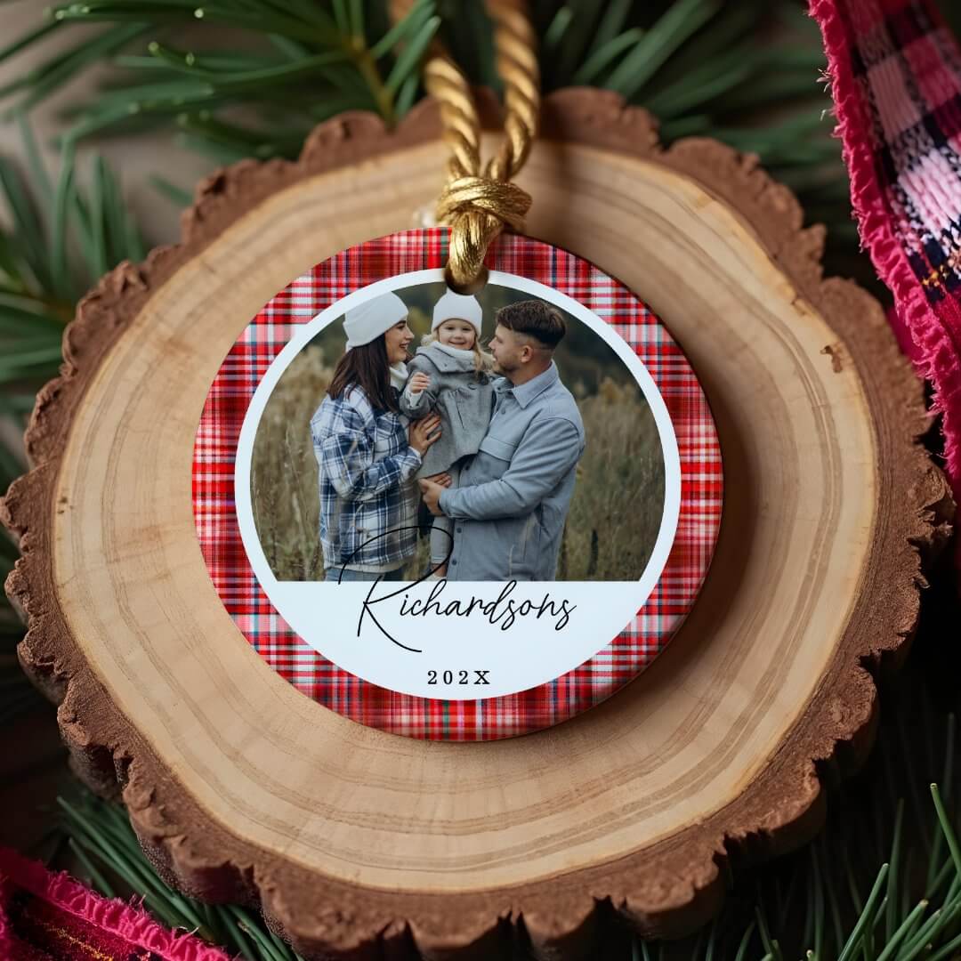 Cozy Red and White Plaid fabric Family Photo Ceramic Ornament