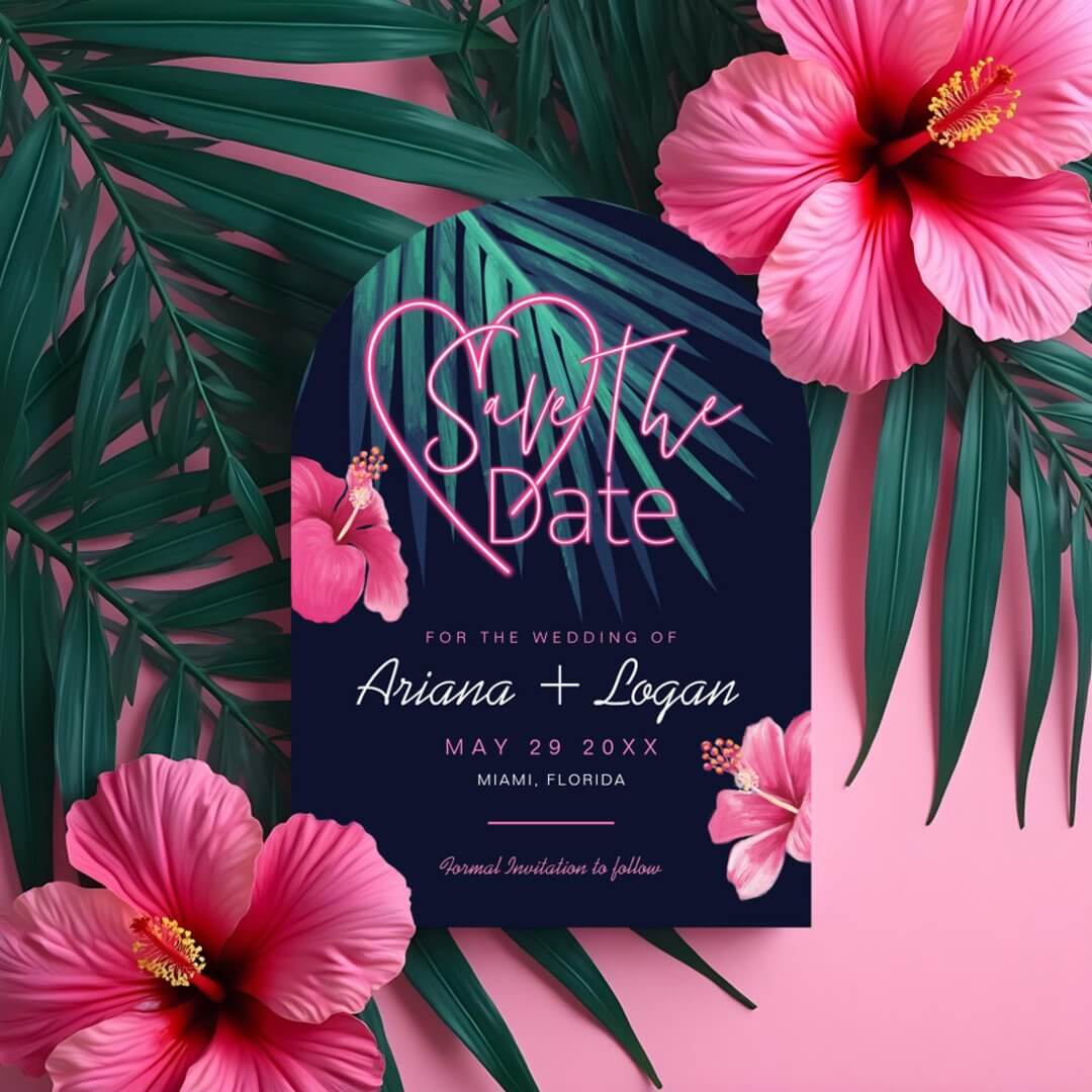 Electric Love Neon Pink Floral & Tropical Retro Arch Save The Date