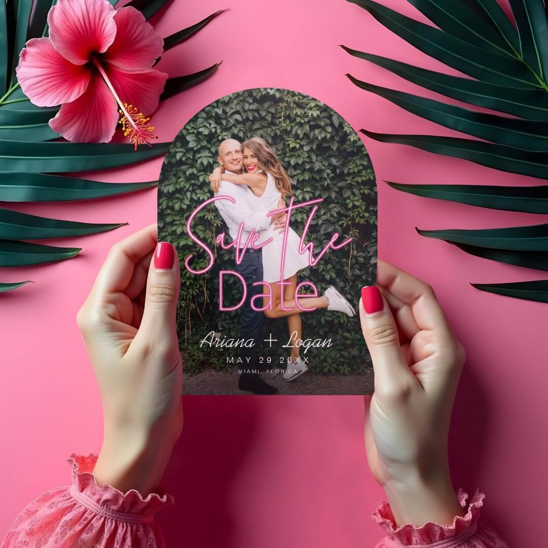 Neon Pink Modern Script Photo Save the Date Acrylic Invitations