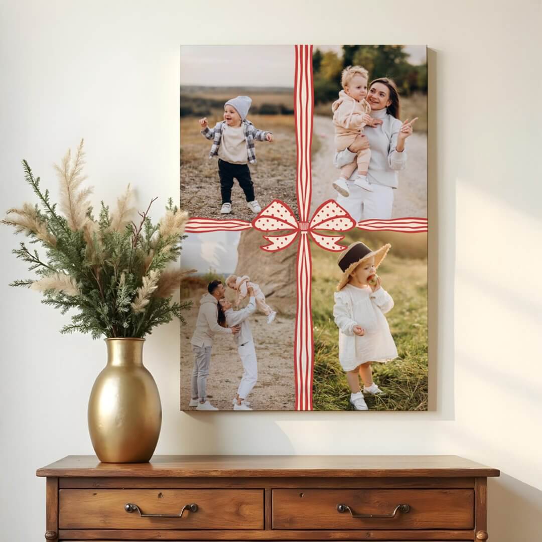 Elegant Bow & Ribbon Present Family Photo Collage Canvas Print