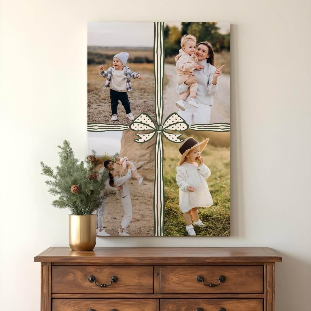 Elegant Bow & Ribbon Present Family Photo Collage Canvas Print