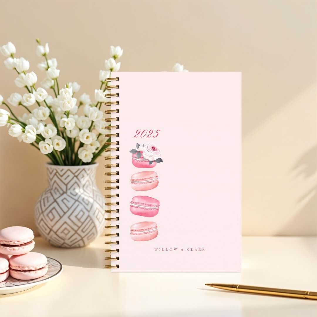 Elegant Watercolor Floral Pink French Macaron Planner