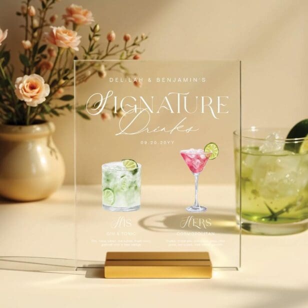 Elegant Watercolor His Her Signature Drink Wedding Acrylic Sign