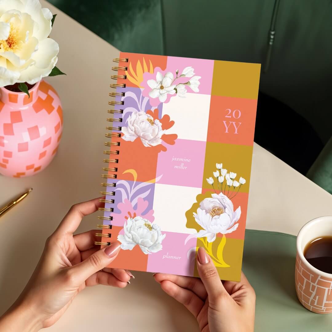 Girly Watercolor Peony Florals Retro Checkered Planner