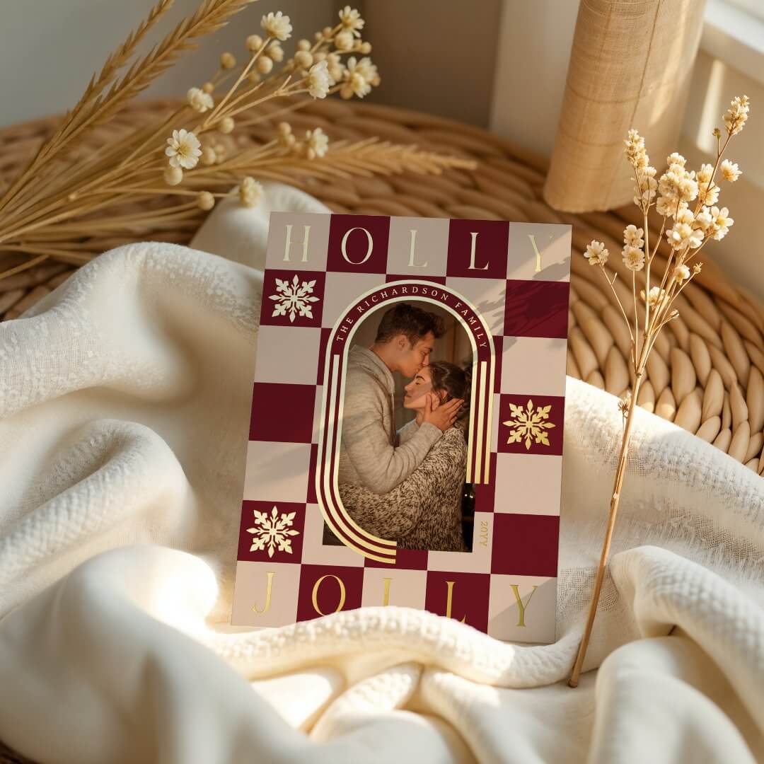 Holly Jolly Retro Red Checkered Christmas Arch Photo Foil Holiday Card