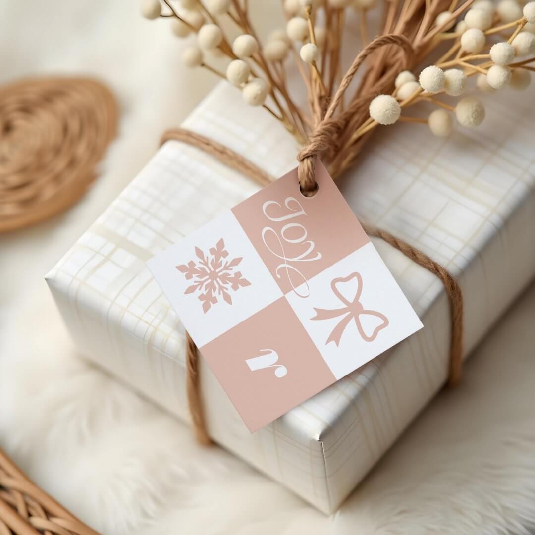 Joy Retro Pink Checkered Pattern Christmas Monogram Favor Tags