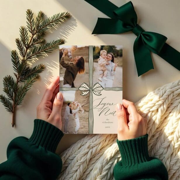 Joyeux Noël Elegant Bow Present Photo Collage Green Holiday Card