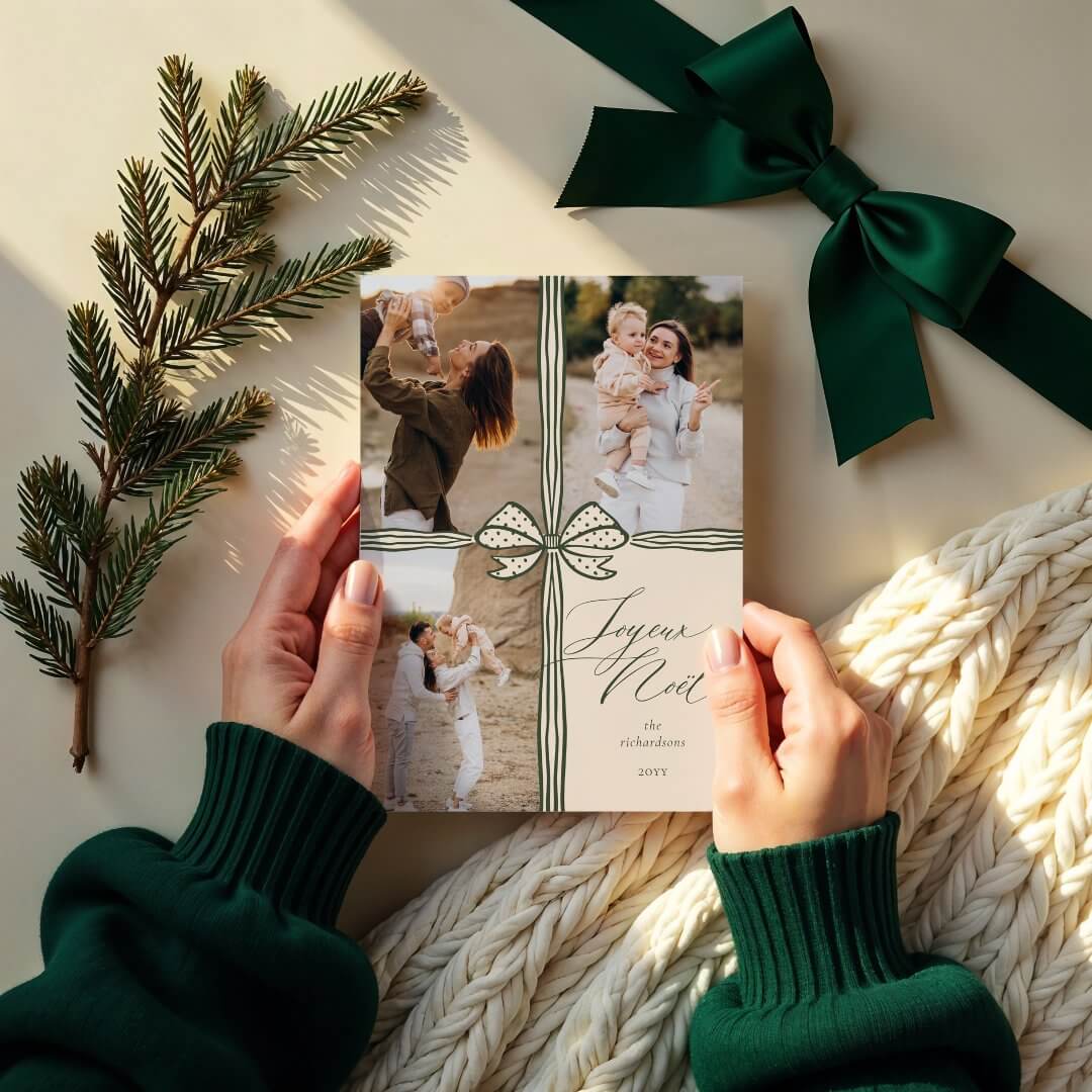 Joyeux Noël Elegant Bow Present Photo Collage Green Holiday Card