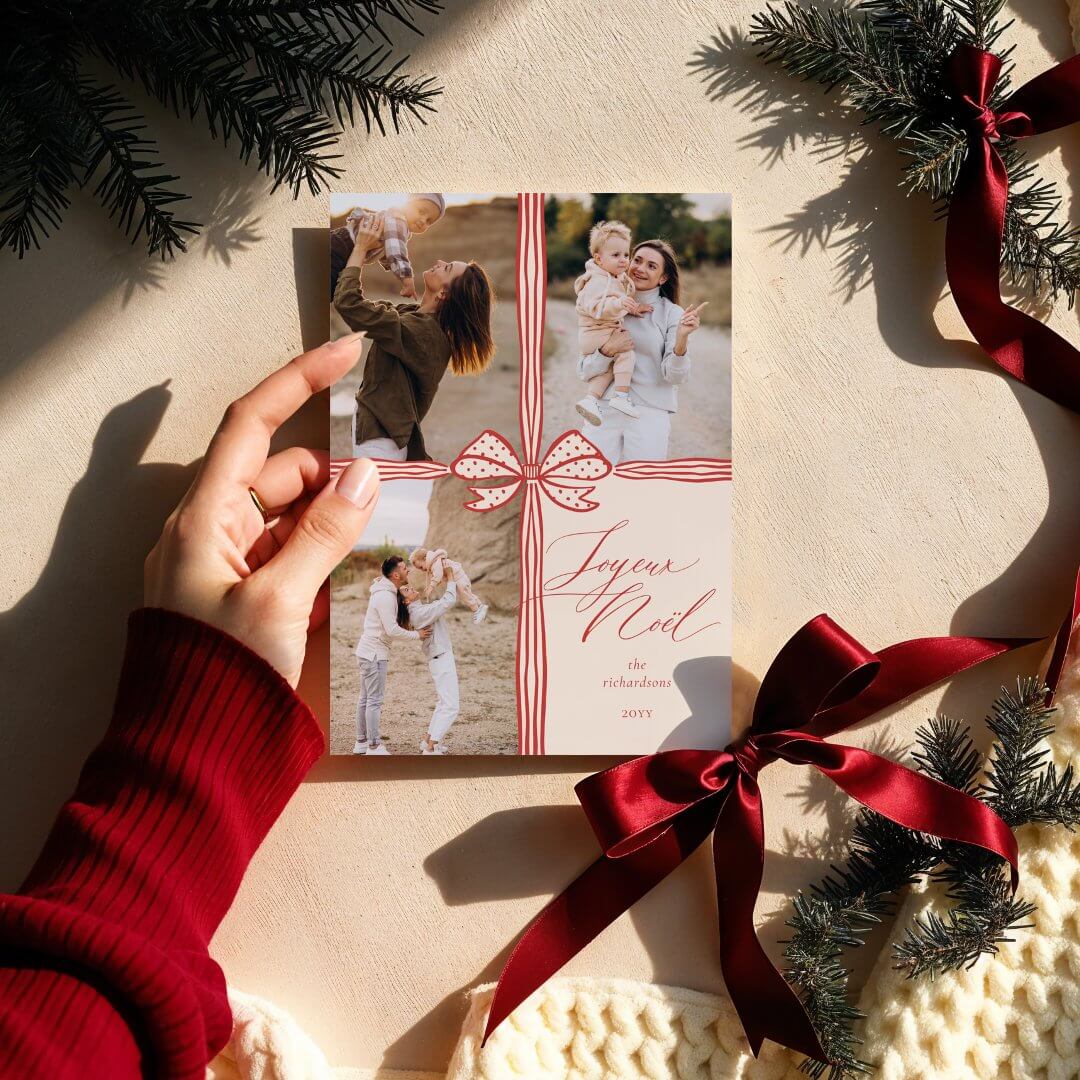 Joyeux Noël Elegant Bow Present Photo Collage Red Holiday Card