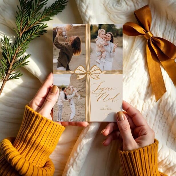 Joyeux Noël Elegant Bow Present Photo Collage Golden Holiday Card