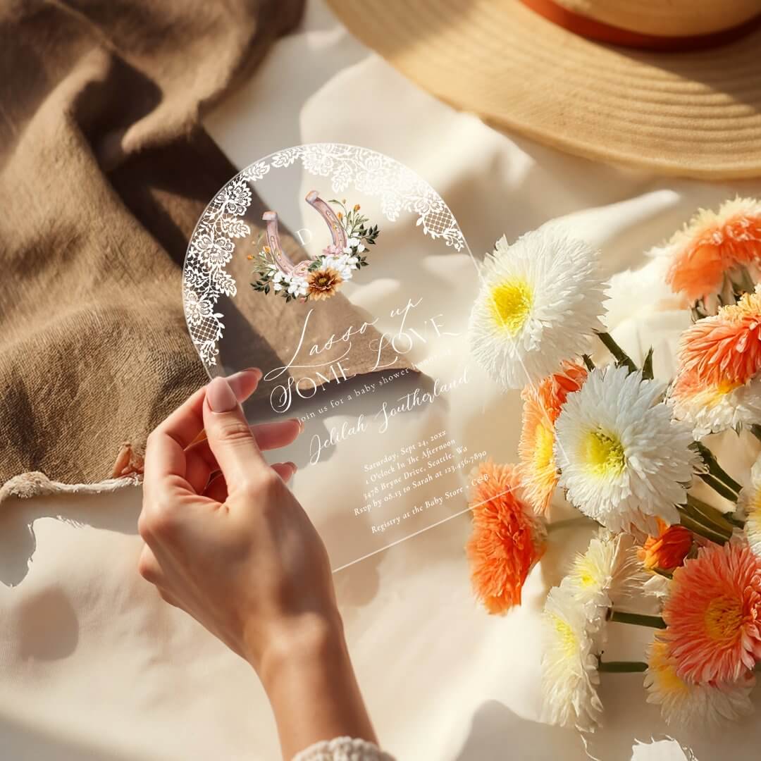 Lasso Love Floral Western Horseshoe Photo Arch Acrylic Invitations