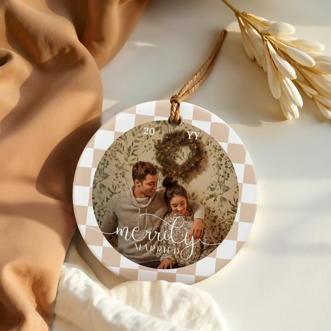 Merrily Married Retro Tan Checkerboard Newlywed Photo Ceramic Ornament