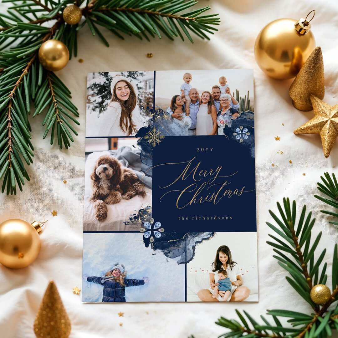 Merry Christmas Navy Gold Jewels Photo Collage Holiday Card