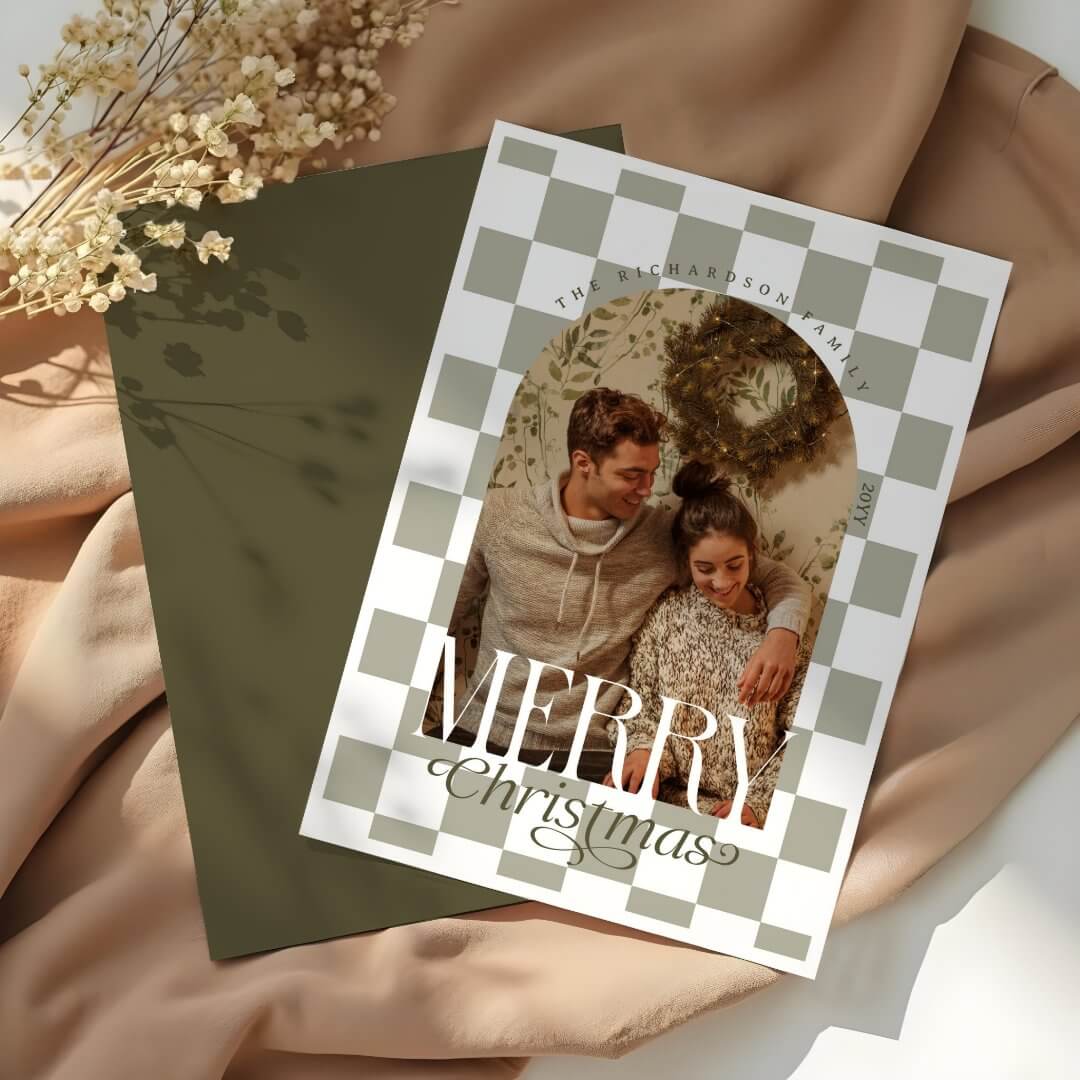Merry Christmas Retro Checkerboard Arch Photo Holiday Card