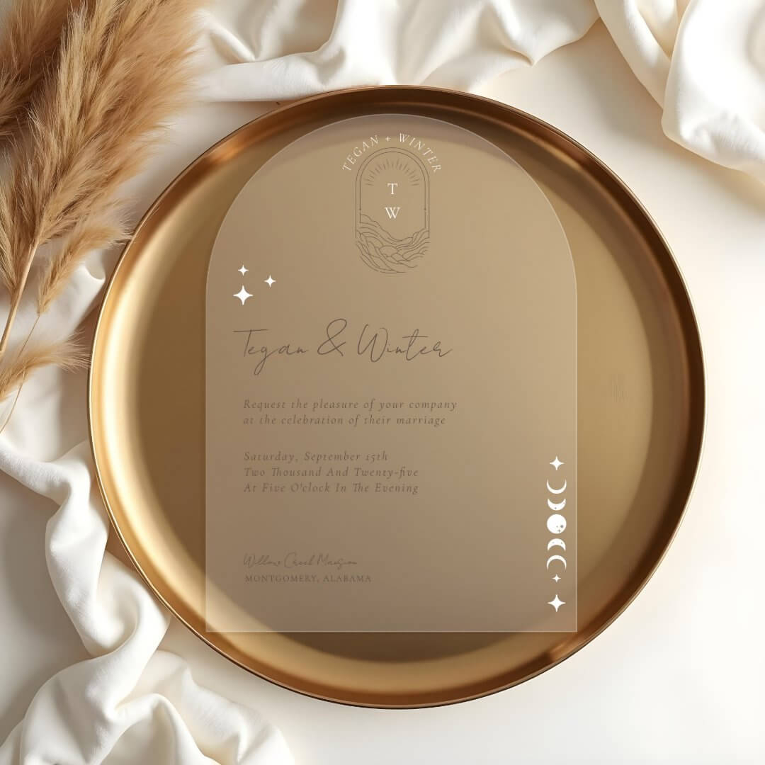 Minimal Celestial Boho Moon & Stars Arch Wedding Acrylic Invitations