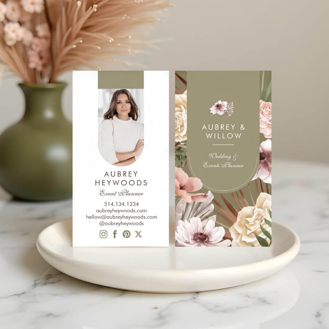 Modern Chic Bohemian Watercolor Florals Photo Arch Olive Green Business Card