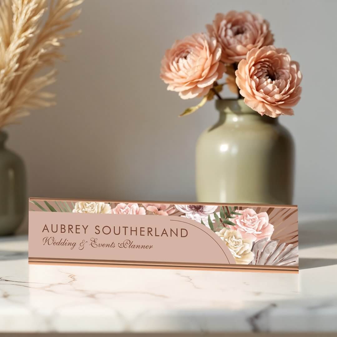 Modern Chic Bohemian Watercolor Florals Photo Arch Blush Pink Desk Name Plate