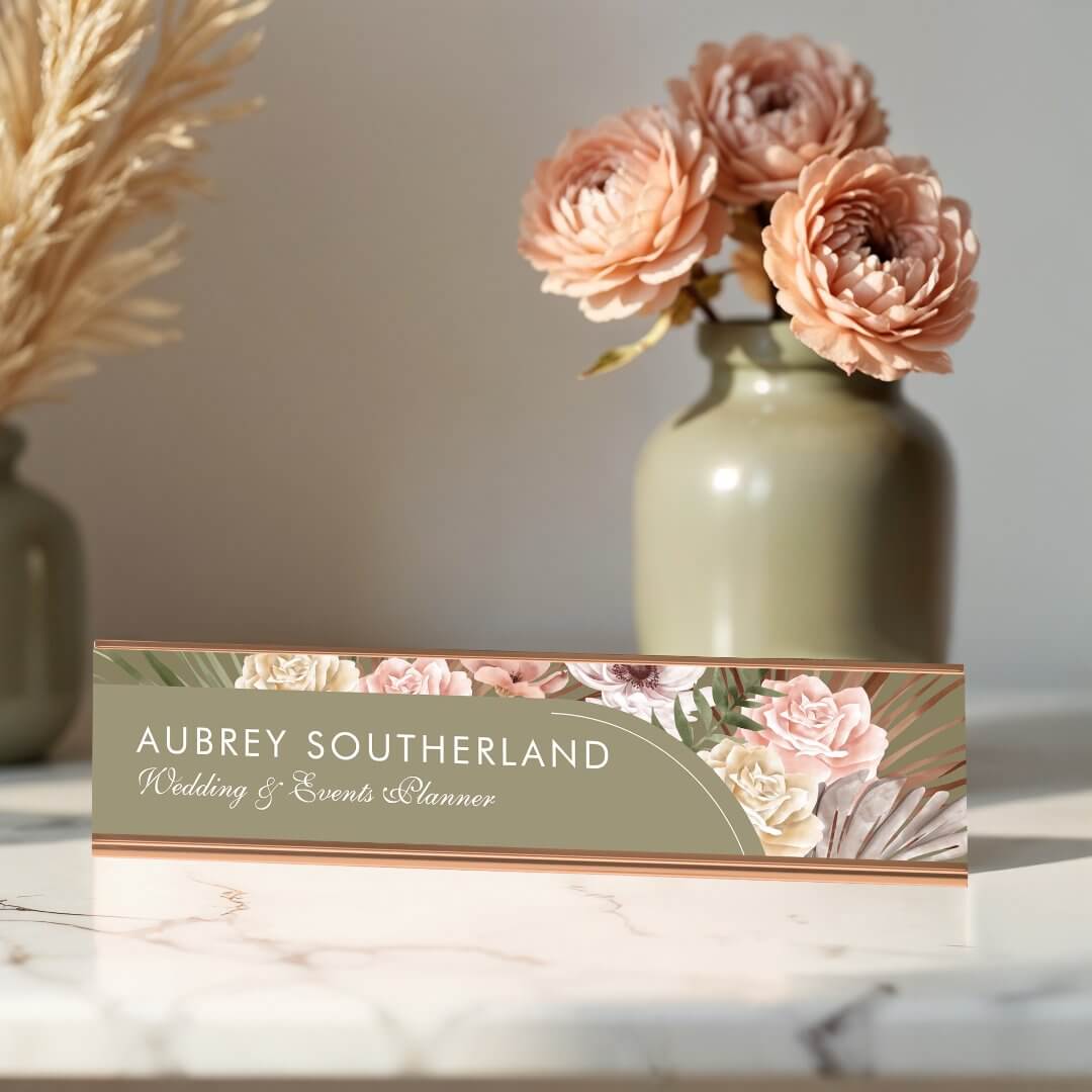 Modern Chic Bohemian Watercolor Florals Photo Arch Olive Green Desk Name Plate