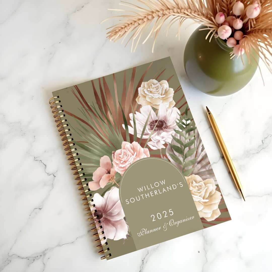Modern Chic Bohemian Watercolor Florals Photo Arch Olive Green Planner