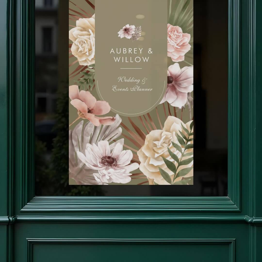 Modern Chic Bohemian Watercolor Florals Photo Arch Olive Green Window Cling