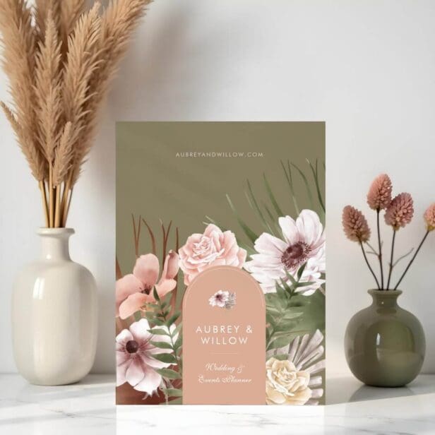 Modern Chic Boho Bohemian Watercolor Florals Arch Olive Green Pocket Folder