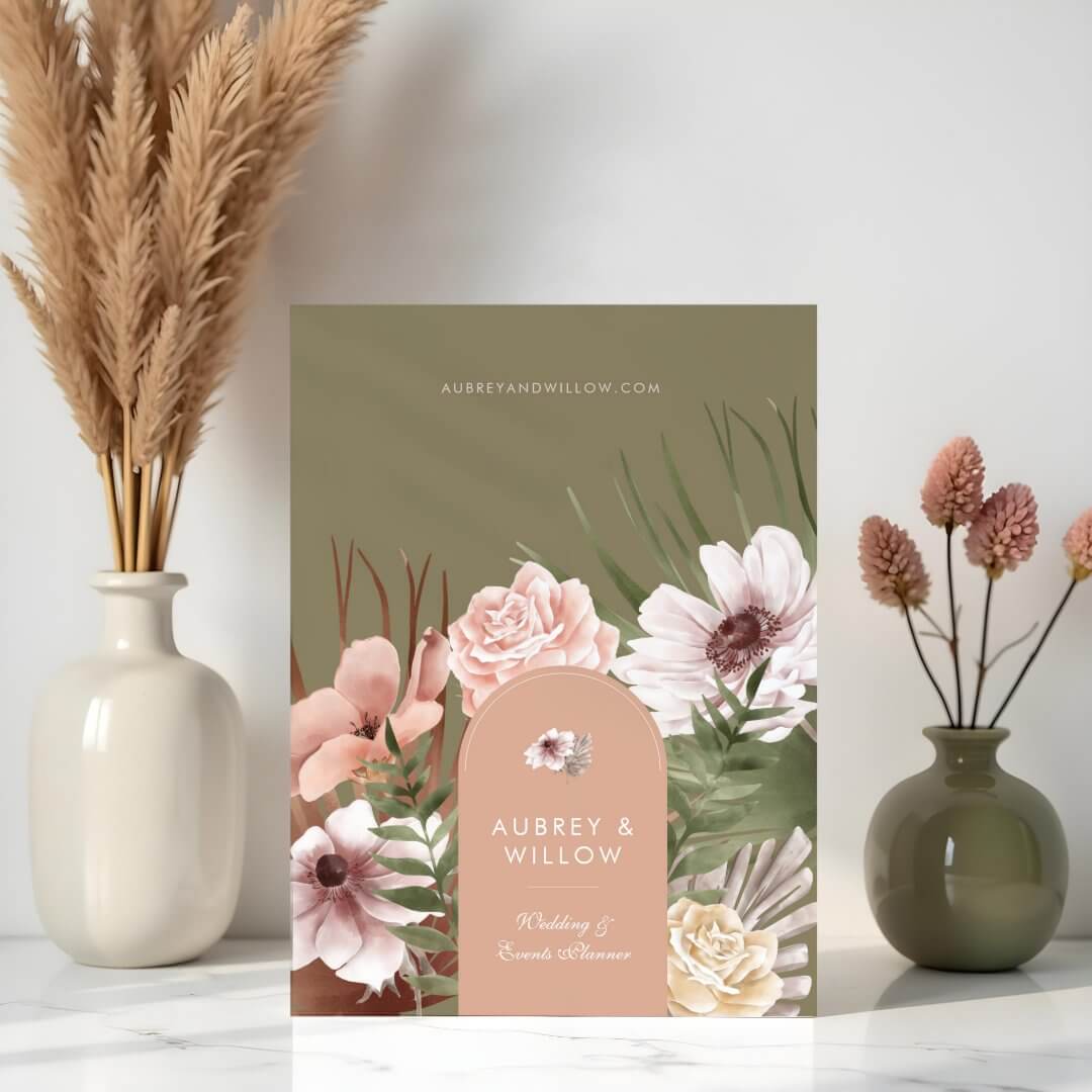 Modern Chic Boho Bohemian Watercolor Florals Arch Olive Green Pocket Folder
