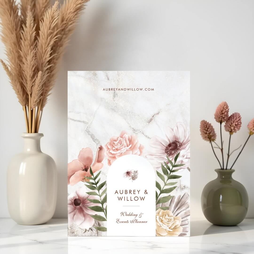 Modern Chic Boho Bohemian Watercolor Florals Arch Faux White Marble Pocket Folder