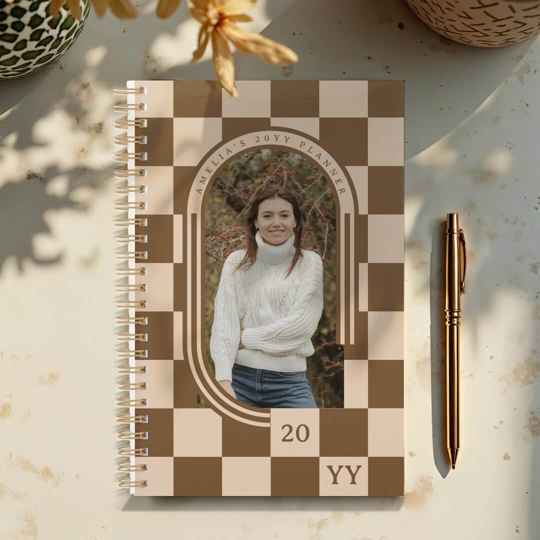 https://www.zazzle.com/modern_retro_brown_checker_pattern_arch_photo_planner-256747874477285848