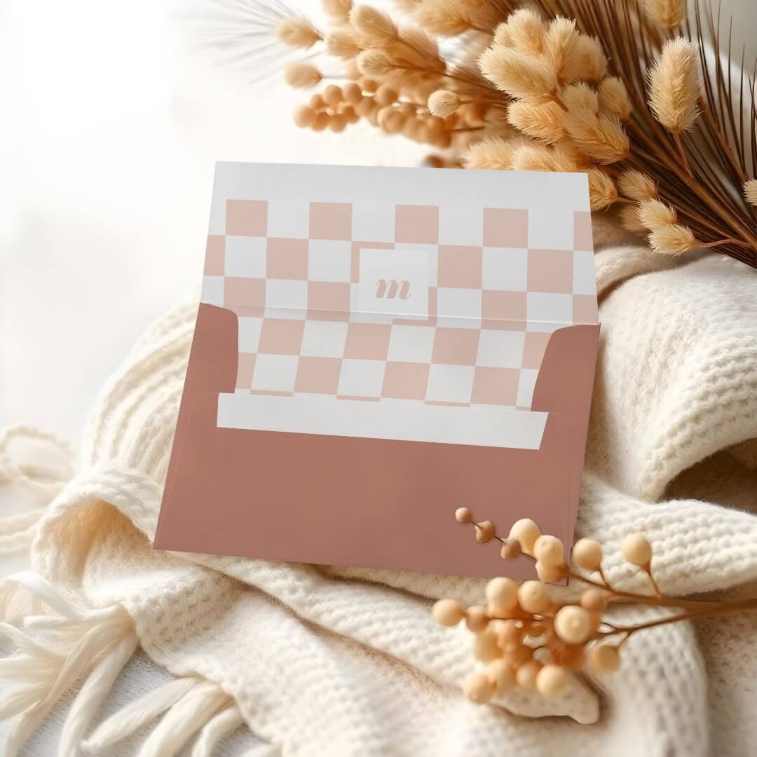 Retro Modern Pink Chequered Pattern Custom Monogram Envelope