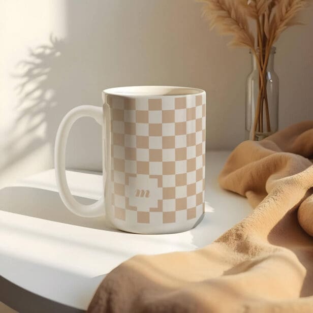 Retro Tan Beige Chequered Pattern Custom Monogram Coffee Mug
