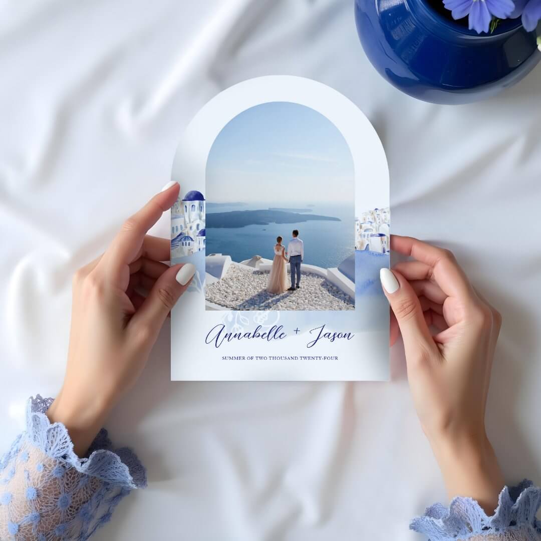 Santorini Greece Watercolor Couple Photo Wedding Save The Date