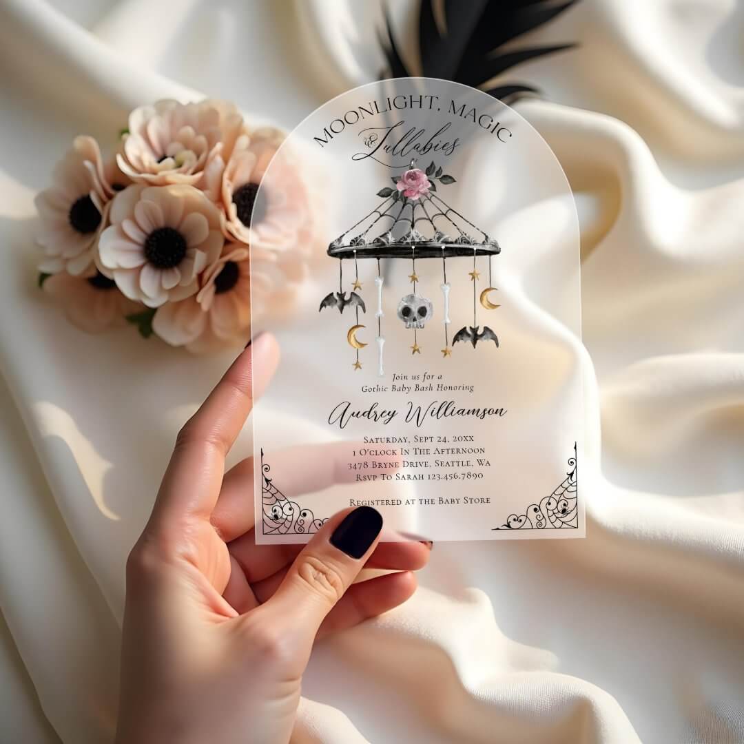 Vintage Gothic Halloween Mobile Spooky Baby Shower Acrylic Invitations
