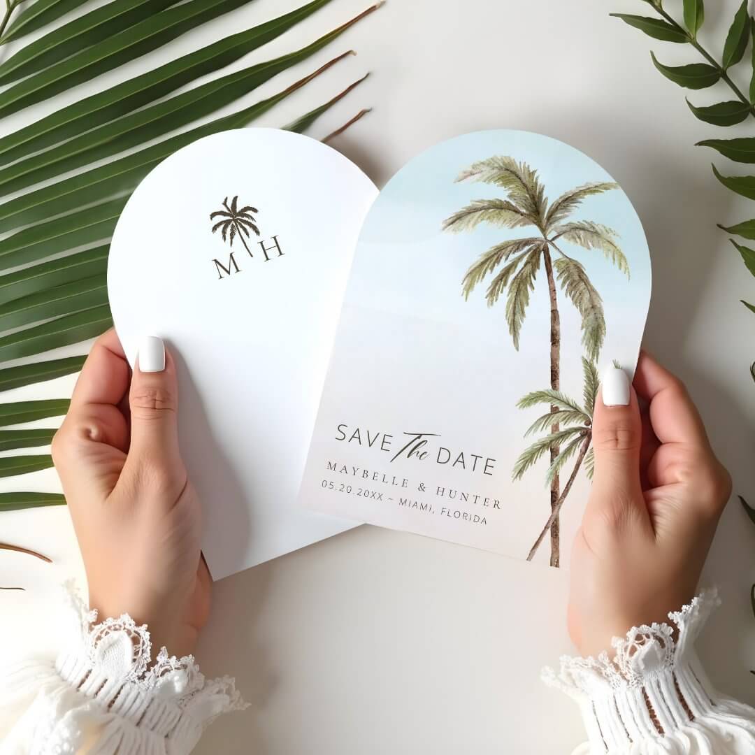 Watercolor Tropical Palm Trees Save The Date Arch Card